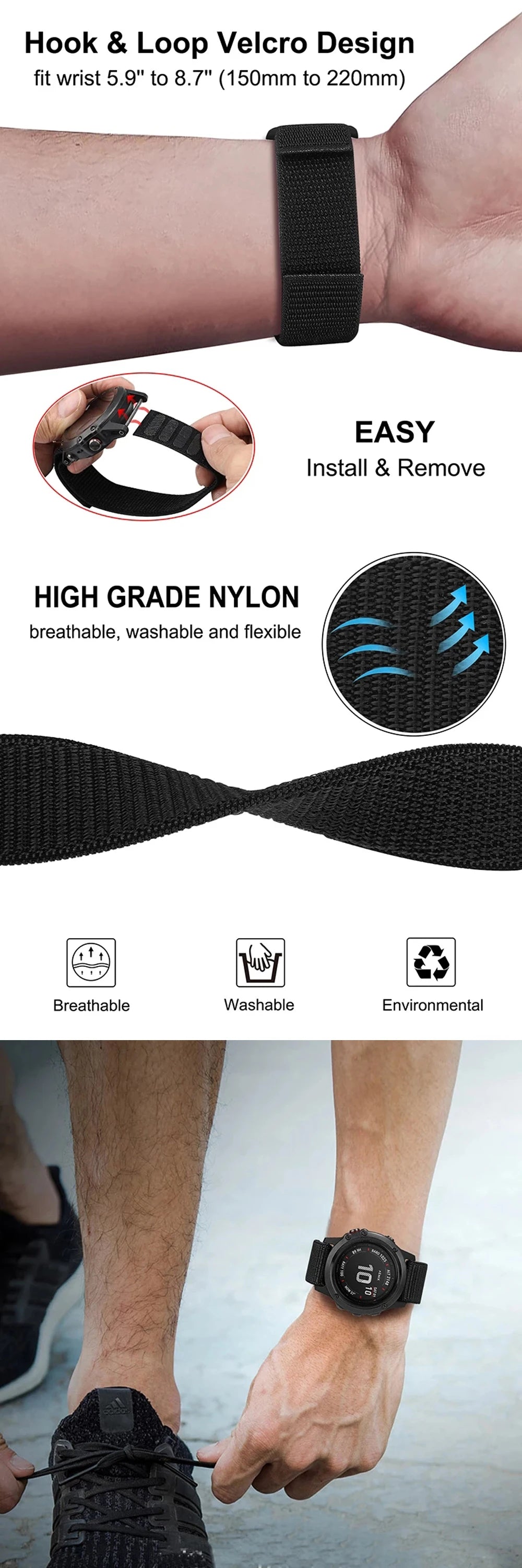 Bracelet Nylon QuickFit FYNIX – 22mm / 26mm – Compatible Garmin Enduro, Fenix, Epix, Instinct, Forerunner